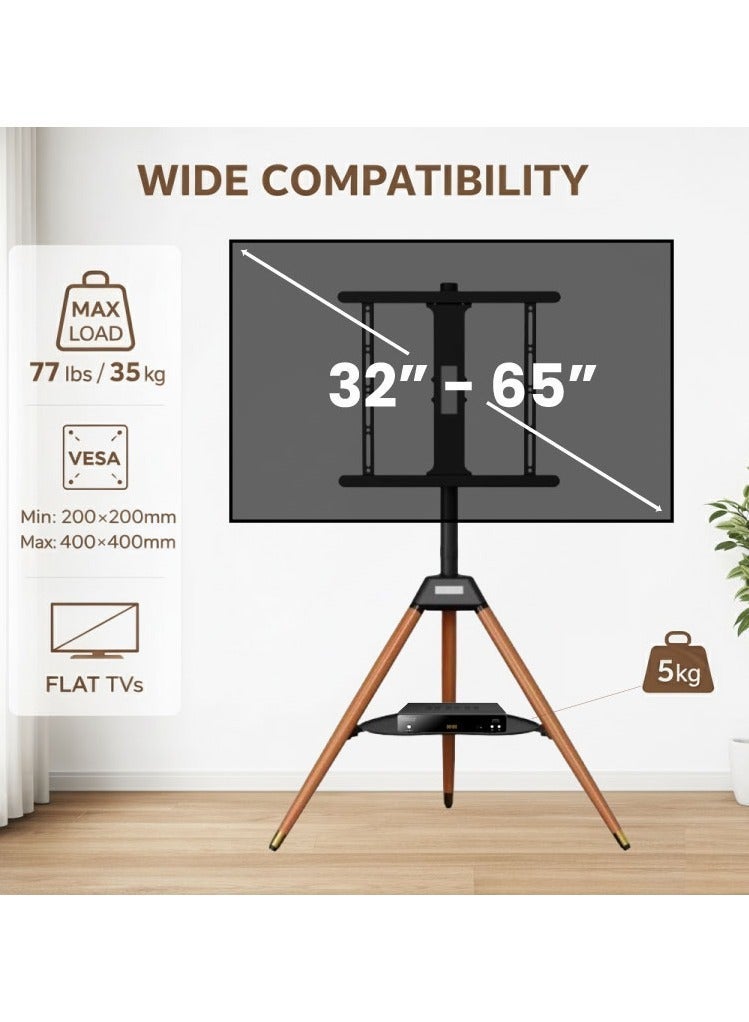 BEETEC Tripod TV Floor Stand with Wooden Legs for 32–65 Inch Flat Screen TVs, Height Adjustable TV Stand with Swivel & Tilt, VESA 400x400mm, Max Load 35 kg, AV Shelf 5 kg Capacity, Black | TF-FS65B - Image 2